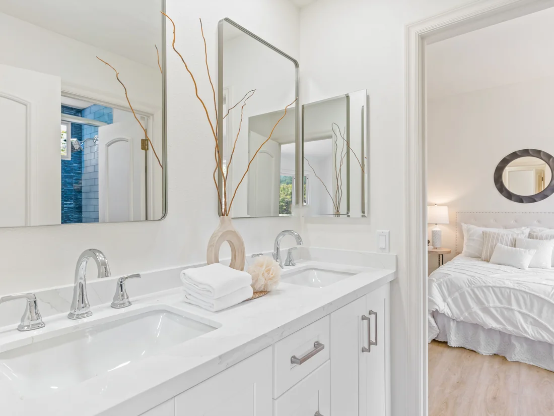 Guest bathroom remodel — double sink vanity with quartz countertop, brushed nickel fixtures, in Coto de Caza